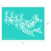 White line drawing of Santa Claus in a sleigh pulled by four reindeer on a teal background. The image measures 11 inches wide and 8.5 inches tall.