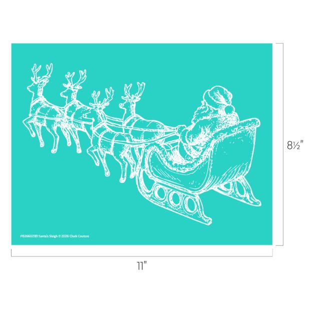 White line drawing of Santa Claus in a sleigh pulled by four reindeer on a teal background. The image measures 11 inches wide and 8.5 inches tall.