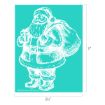 White sketch of Santa Claus holding a gift and a large sack over his shoulder on a teal background. The image dimensions are 11 inches tall by 8.5 inches wide.