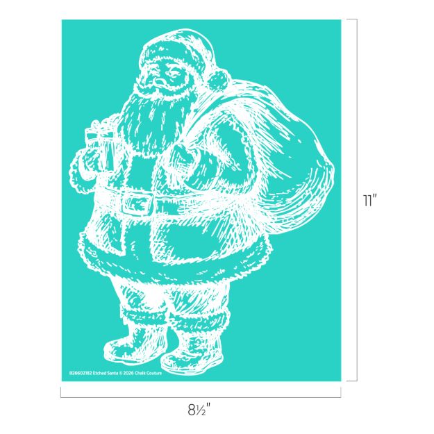 White sketch of Santa Claus holding a gift and a large sack over his shoulder on a teal background. The image dimensions are 11 inches tall by 8.5 inches wide.