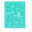 Teal and white illustration with Christmas-themed doodles: snowman, gifts, rocking horse, candle, tree, penguin, North Pole sign, bird, star, and “Merry Christmas” text. Dimensions are 8.5 by 11 inches.