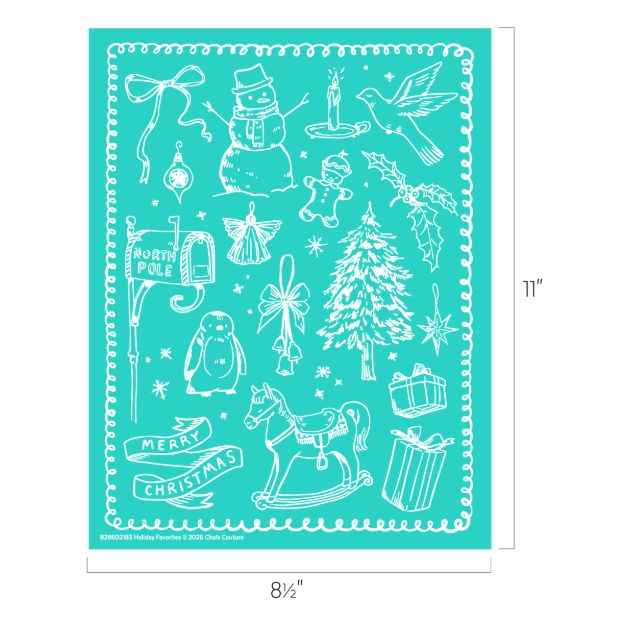 Teal and white illustration with Christmas-themed doodles: snowman, gifts, rocking horse, candle, tree, penguin, North Pole sign, bird, star, and “Merry Christmas” text. Dimensions are 8.5 by 11 inches.