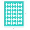 A turquoise sheet with a white, distressed harlequin diamond pattern. Some diamonds are outlined in turquoise. Dimensions are 8.5 by 11 inches, shown on the right and below the image.