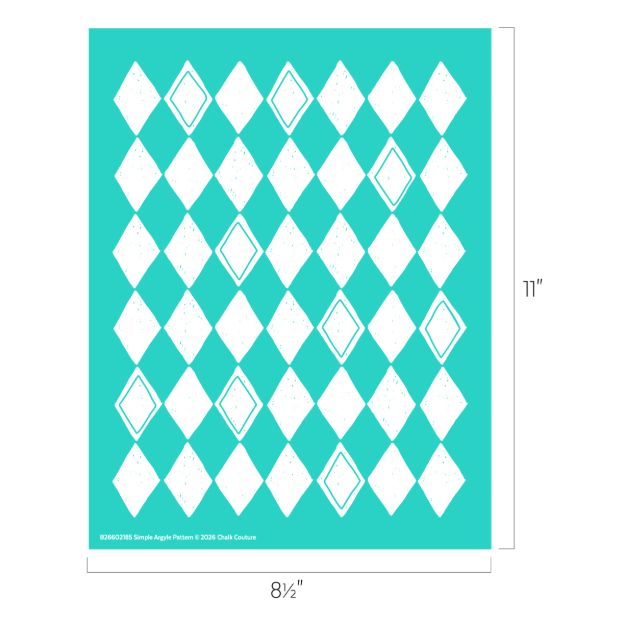 A turquoise sheet with a white, distressed harlequin diamond pattern. Some diamonds are outlined in turquoise. Dimensions are 8.5 by 11 inches, shown on the right and below the image.