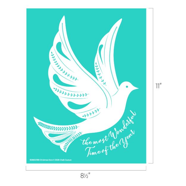 White dove with decorative patterns on turquoise background, accompanied by the text “the most Wonderful Time of the Year.” The image size is labeled as 8.5 by 11 inches.