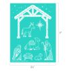 Line art of a nativity scene with a stable, donkey, star, sheep, baby in a manger, and two robed figures. The image is turquoise and measures 8.5 by 11 inches.