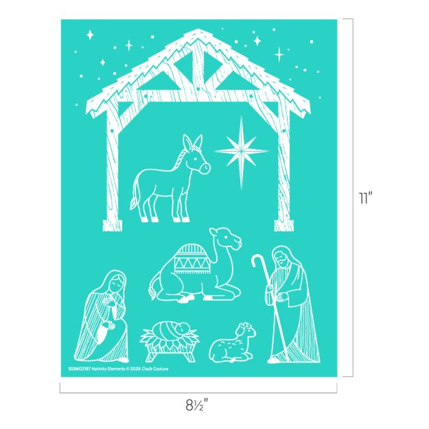 Line art of a nativity scene with a stable, donkey, star, sheep, baby in a manger, and two robed figures. The image is turquoise and measures 8.5 by 11 inches.