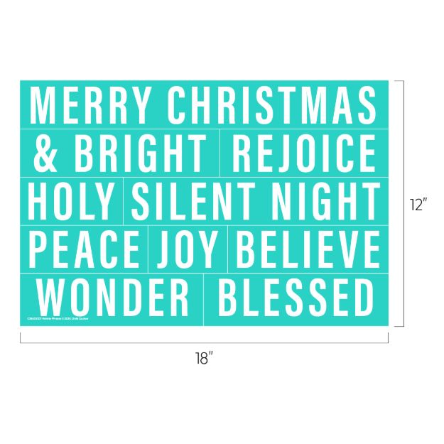 Turquoise and white sign with holiday words: “Merry Christmas & Bright Rejoice Holy Silent Night Peace Joy Believe Wonder Blessed.” Size: 18 inches wide by 12 inches tall.