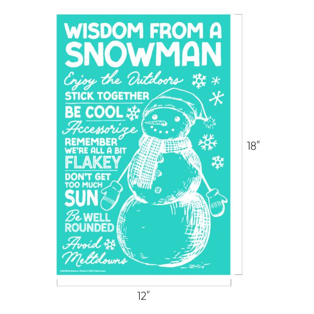 Poster with a drawing of a snowman and text offering playful advice, such as “Enjoy the Outdoors,” “Stick Together,” “Be Cool,” “Avoid Meltdowns,” on a teal background. Poster dimensions: 18 inches by 12 inches.