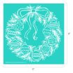 White outline drawing of a Christmas wreath with ornaments and a bow on a teal background, shown within a 9 by 9 inch square.