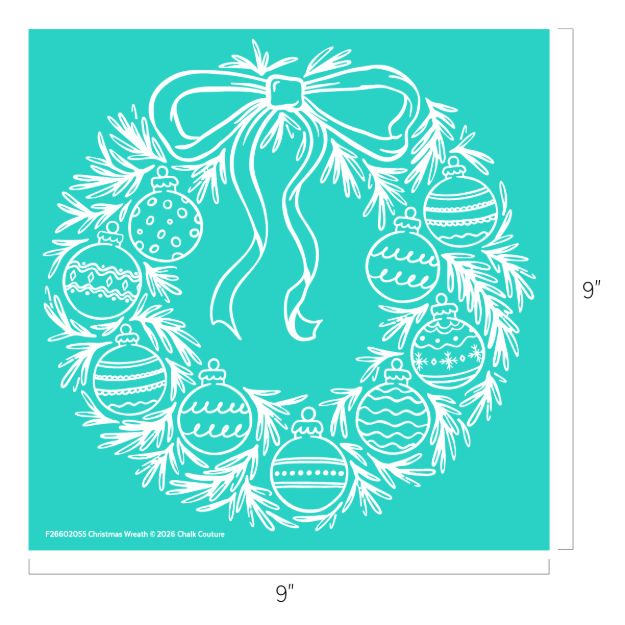 White outline drawing of a Christmas wreath with ornaments and a bow on a teal background, shown within a 9 by 9 inch square.
