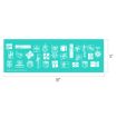 A teal stencil with white outlines of various gift boxes, bows, and snowflakes. The stencil measures 18 inches wide by 6 inches high.