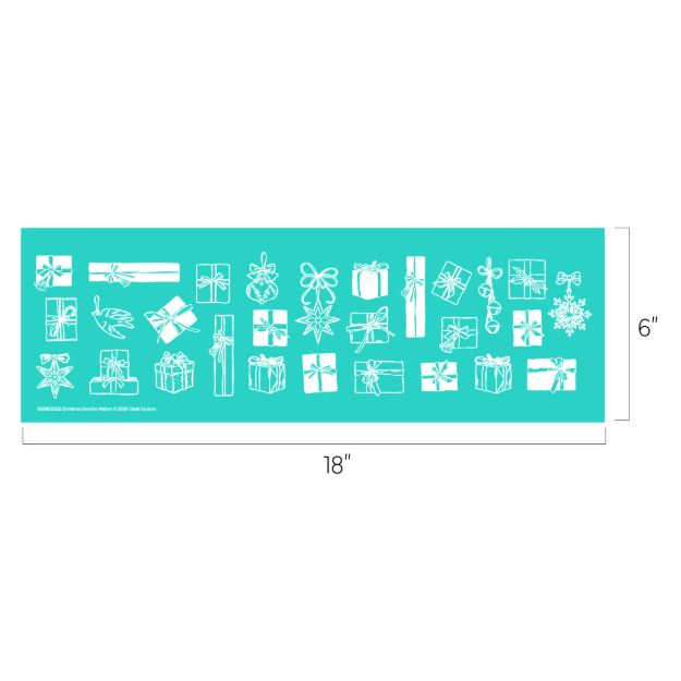 A teal stencil with white outlines of various gift boxes, bows, and snowflakes. The stencil measures 18 inches wide by 6 inches high.
