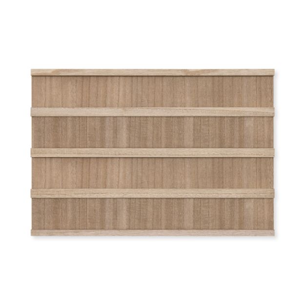 A rectangular wooden slat wall panel with horizontal wooden strips evenly spaced across its surface, set against a white background.