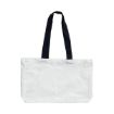 A plain white canvas tote bag with two black handles, shown against a white background.