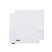 Two neatly folded white cloth napkins overlap each other on a plain white background. Each napkin has a small black rectangular label with white text attached to one edge.