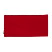 A flat, rectangular red zippered pouch is shown against a white background. The pouch has a small black tag on the left side.