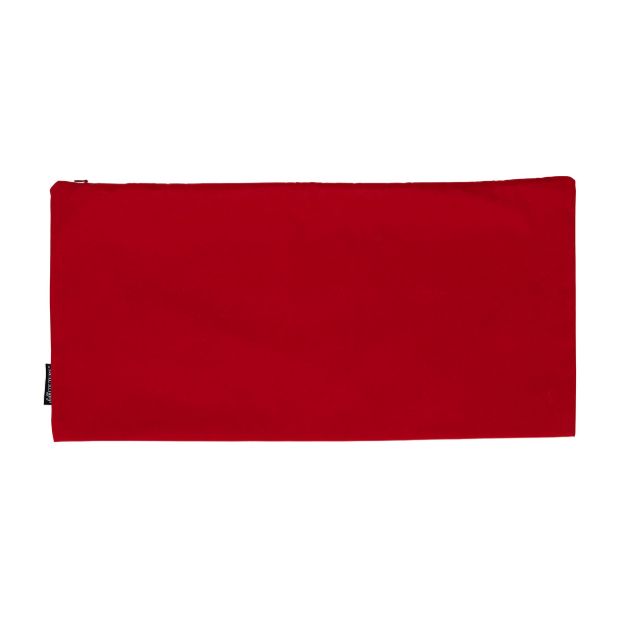A flat, rectangular red zippered pouch is shown against a white background. The pouch has a small black tag on the left side.