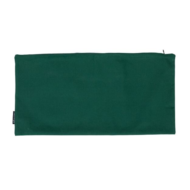 A rectangular, dark green fabric pouch with a zipper on the top edge, lying flat against a white background.