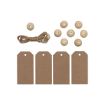 Four blank brown tags, eight round wooden beads, one wooden bead separated, and a bundle of brown twine, all arranged neatly on a white background.