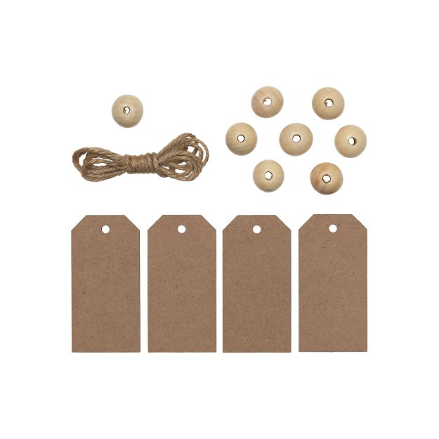 Four blank brown tags, eight round wooden beads, one wooden bead separated, and a bundle of brown twine, all arranged neatly on a white background.