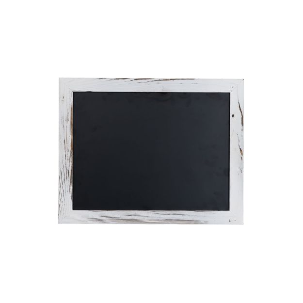 A blank black chalkboard with a distressed white wooden frame, centered on a plain white background.