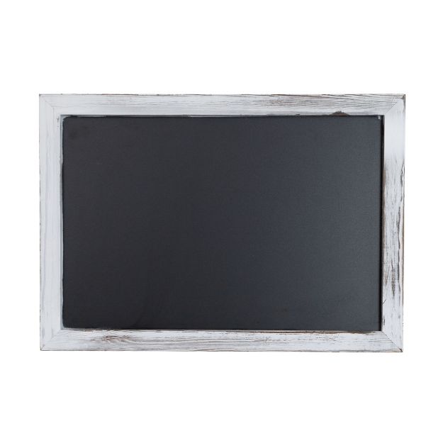 A blank rectangular chalkboard with a distressed white wooden frame, set against a plain white background.