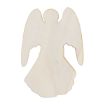 A plain, light wooden cutout shaped like an angel with outstretched wings and a flowing robe, seen against a white background.