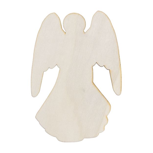 A plain, light wooden cutout shaped like an angel with outstretched wings and a flowing robe, seen against a white background.