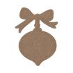 A plain, brown, wooden cutout shaped like a Christmas ornament with a bow on top.