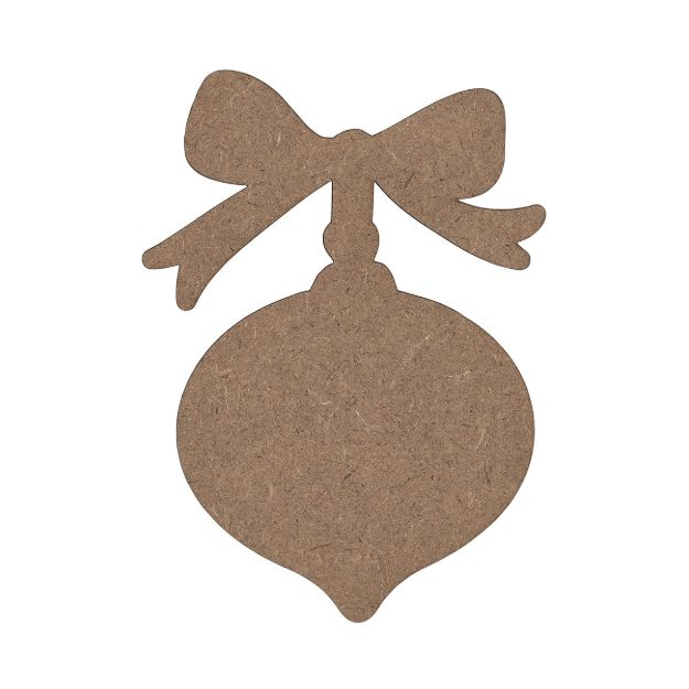A plain, brown, wooden cutout shaped like a Christmas ornament with a bow on top.