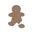 A brown cutout of a gingerbread person with a missing lower leg and a bitten-off head, both separated from the body, on a white background.