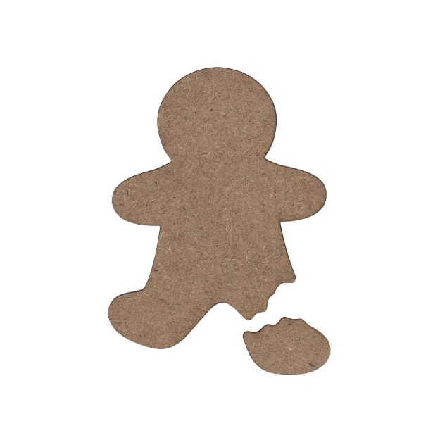 A brown cutout of a gingerbread person with a missing lower leg and a bitten-off head, both separated from the body, on a white background.