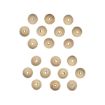 Twenty round, light brown wooden beads with center holes are arranged in a rough figure-eight shape against a white background.