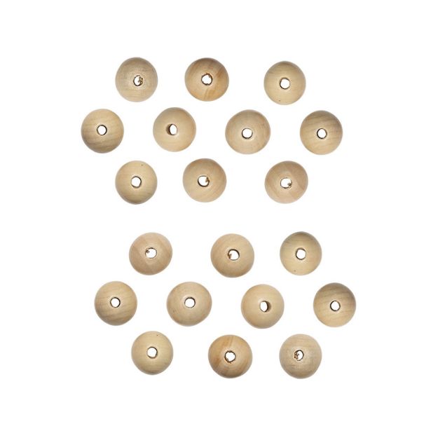 Twenty round, light brown wooden beads with center holes are arranged in a rough figure-eight shape against a white background.