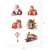 Six Christmas-themed illustrations: Santa writing, stacked gifts, gift sacks, a holiday wreath with a bell, a decorative key, and a vintage toy train. Sheet size is 8.5 by 11 inches.