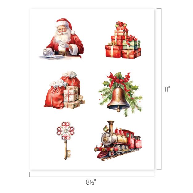 Six Christmas-themed illustrations: Santa writing, stacked gifts, gift sacks, a holiday wreath with a bell, a decorative key, and a vintage toy train. Sheet size is 8.5 by 11 inches.
