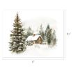 Watercolor illustration of a snowy log cabin surrounded by pine trees, with snow gently falling. Image dimensions are 11 inches wide by 8.5 inches tall.