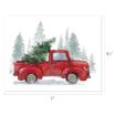 A red vintage truck carries a Christmas tree in its bed, driving through falling snow with tall evergreen trees in the background. Dimensions: 11″ wide by 8.5″ tall.