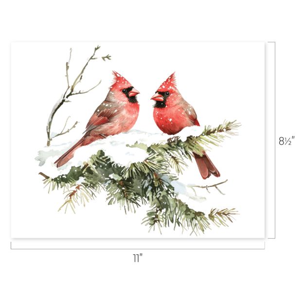 Two red cardinals perch on a snow-covered pine branch with a bare twig nearby. The cardinals face each other against a white background. Image dimensions are 11 inches by 8.5 inches.