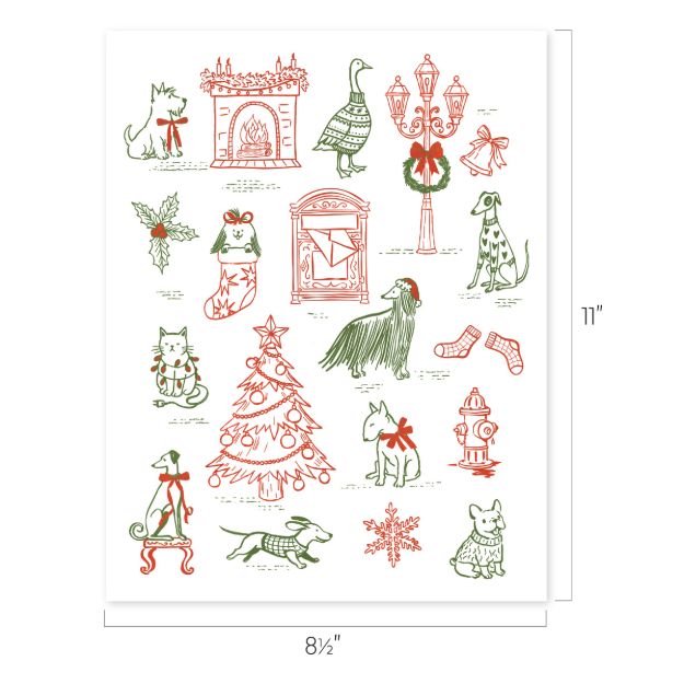Christmas-themed illustration of dogs, a fireplace, mailbox, tree, and holiday decorations in red and green. Image size is 8.5 by 11 inches.