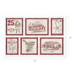 A sheet of vintage-style holiday stamp designs featuring Santa, a bird, a sleigh, candy cane, pine tree, and festive greetings in red and brown tones. Sheet measures 17 inches by 11 inches.