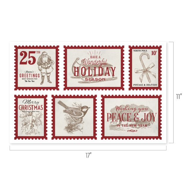 A sheet of vintage-style holiday stamp designs featuring Santa, a bird, a sleigh, candy cane, pine tree, and festive greetings in red and brown tones. Sheet measures 17 inches by 11 inches.