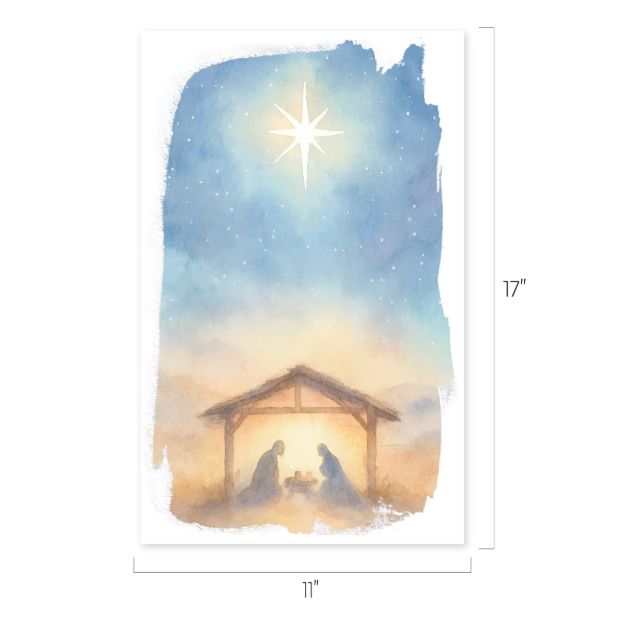 Watercolor scene of a nativity with Mary, Joseph, and baby Jesus under a wooden shelter beneath a glowing star in a night sky. Image is 17 inches tall by 11 inches wide.