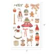 A collection of vintage-style Christmas illustrations, including a goose, nutcracker, rocking horse, deer, gifts, ornaments, treats, and festive decor on a white background. The sheet measures 17 by 11 inches.