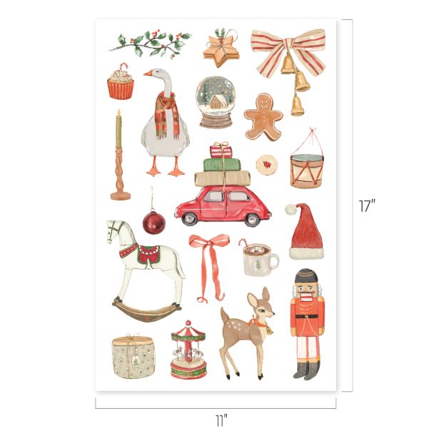 A collection of vintage-style Christmas illustrations, including a goose, nutcracker, rocking horse, deer, gifts, ornaments, treats, and festive decor on a white background. The sheet measures 17 by 11 inches.