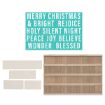 A teal sign with festive words, blank wooden slats, and a wooden board with horizontal slots, for creating a customizable holiday message.