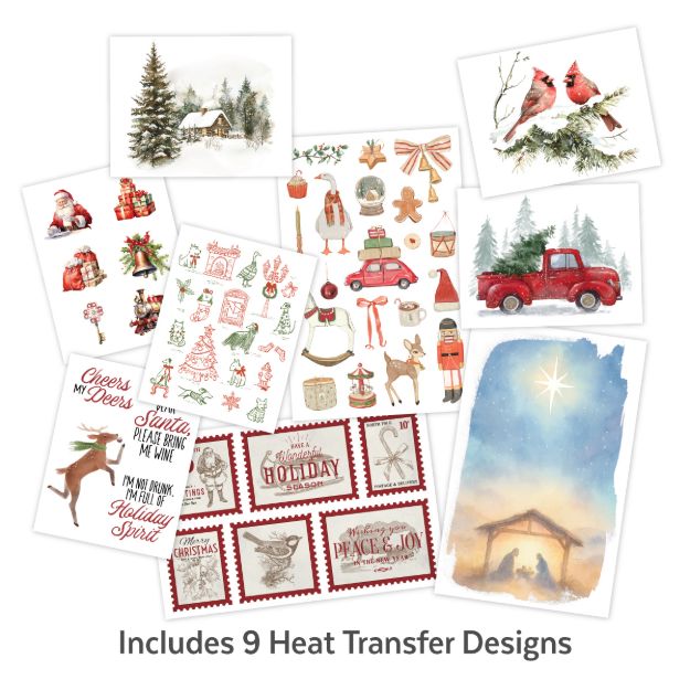 A collection of 9 Christmas-themed heat transfer designs, including red trucks, holiday treats, Santa, nutcrackers, a nativity scene, reindeer, cardinals, and festive stamps, with “Includes 9 Heat Transfer Designs” text.