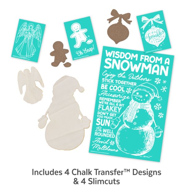 A craft kit with four teal chalk transfer designs—angel, gingerbread man, snow globe, snowman quote—and four matching wooden cutouts, displayed on a white background. Text: “Includes 4 Chalk Transfer Designs & 4 Silcuts.”.