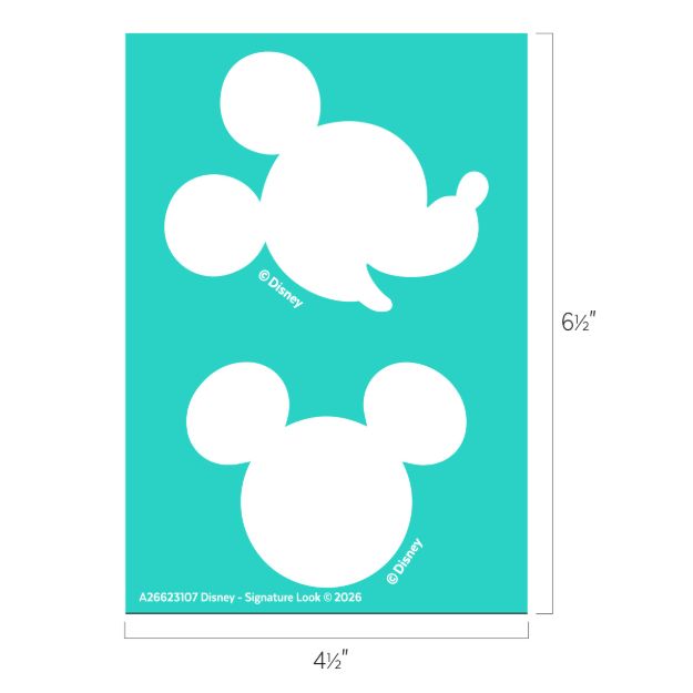 Two white Mickey Mouse head silhouettes on a teal background, one with a speech bubble, with copyright text. The rectangle measures 6.5 inches tall by 4.5 inches wide.